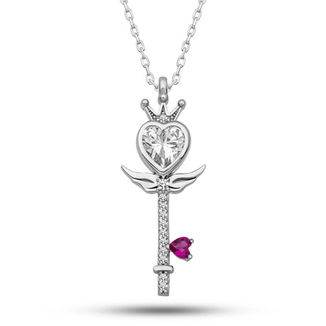 Necklace - Silver-Tone Enchanting Heart Crown Key with Clear & Pink Gems