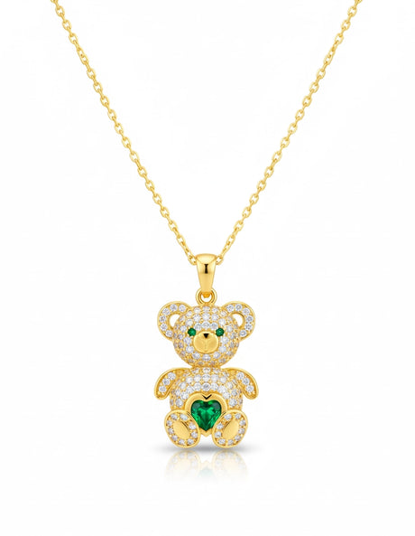 Necklace - Gold-Tone Zirconia Bear Pendant with Emerald Green Heart