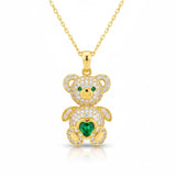 Necklace - Gold-Tone Zirconia Bear Pendant with Emerald Green Heart