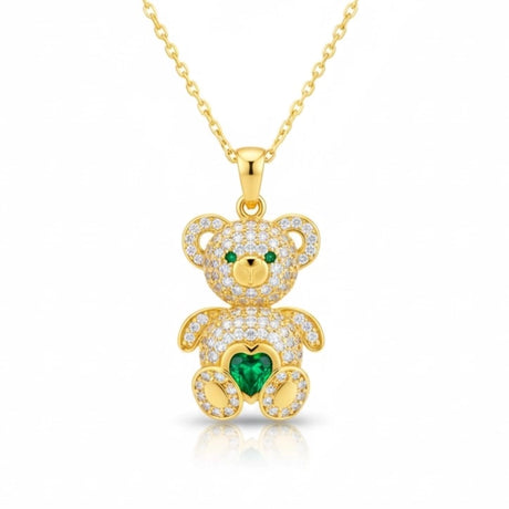 Necklace - Gold-Tone Zirconia Bear Pendant with Emerald Green Heart
