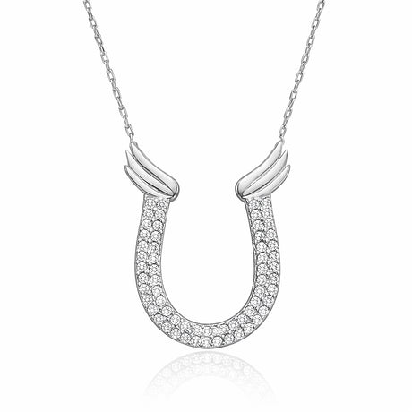 Necklace - Sterling Silver Zircon Winged Horseshoe Pendant