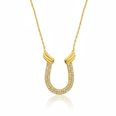 Necklace - Gold-Tone Zircon Winged Horseshoe Pendant