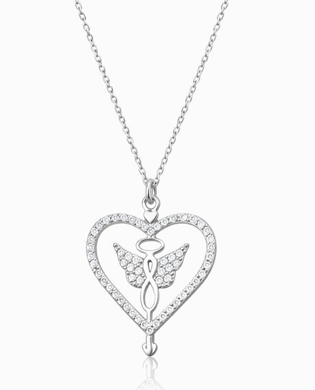 Sterling Silver Sparkling Angel Wing Heart Necklace