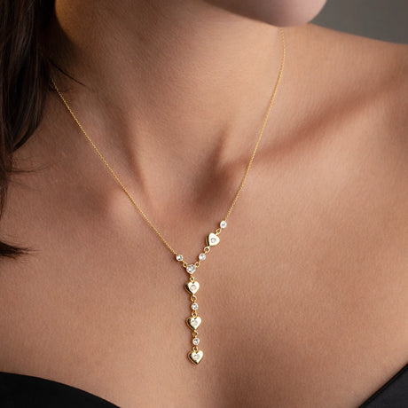 Y-Necklace - Gold-Tone Dainty Heart & Sparkling Stone Drop