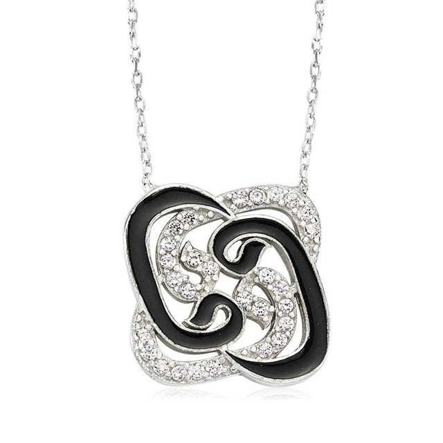 Sterling Silver Necklace - Elegant Black Enamel & CZ Intertwined Pendant
