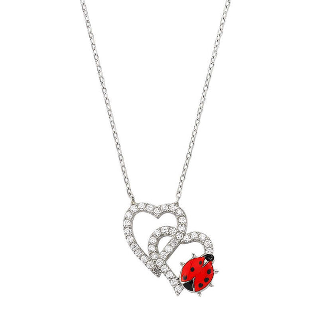 Necklace - Sterling Silver Cubic Zirconia Double Heart Ladybug