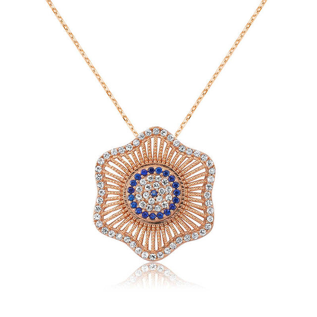 Rose Gold-Tone Zirconia Evil Eye Flower Pendant Necklace
