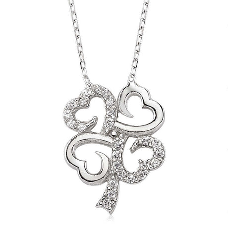 Necklace - Sterling Silver Zirconia Sparkling Clover Heart Pendant