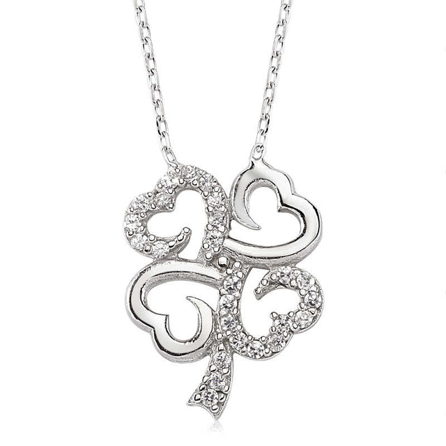 Necklace - Sterling Silver Zirconia Sparkling Clover Heart Pendant