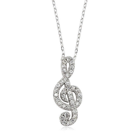 Sterling Silver Treble Clef Necklace - Sparkling Cubic Zirconia Pendant