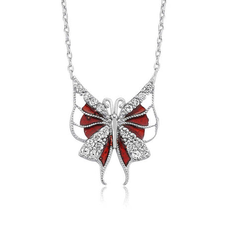 Sterling Silver Necklace - Elegant Red Butterfly Cubic Zirconia Pendant