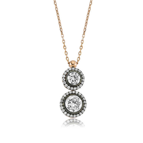 Rose Gold-Tone Double Halo Necklace - Brilliant Clear Stone Dangle Pendant