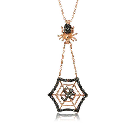 Necklace - Rose Gold Plated Silver Black Zirconia Spider Web Pendant