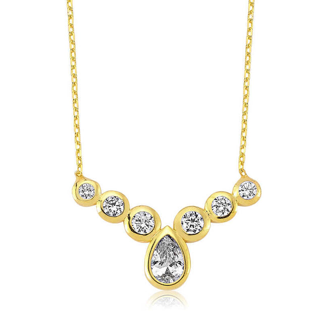 Gold-Tone Necklace - Bezel Set Simulated Diamond Drop & Row