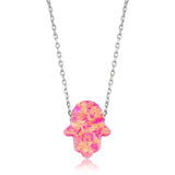 Sterling Silver Hamsa Hand Necklace - Dainty Pink Opal Pendant