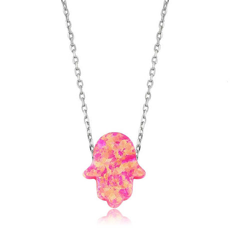 Sterling Silver Hamsa Hand Necklace - Dainty Pink Opal Pendant
