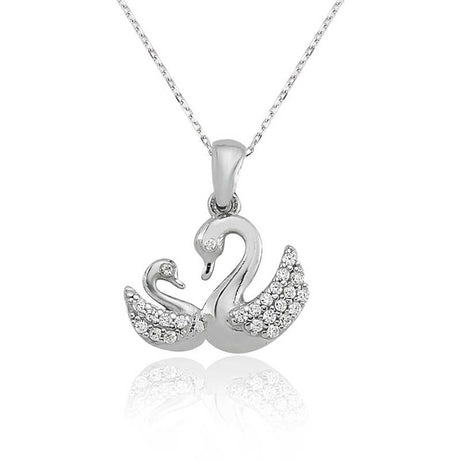 Sterling Silver Swan & Cygnets Sparkling CZ Pendant Necklace
