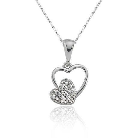 Sterling Silver Double Heart Necklace - Dainty Pave CZ Pendant