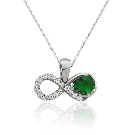 Sterling Silver Infinity Necklace - Emerald Green & Zircon Pendant