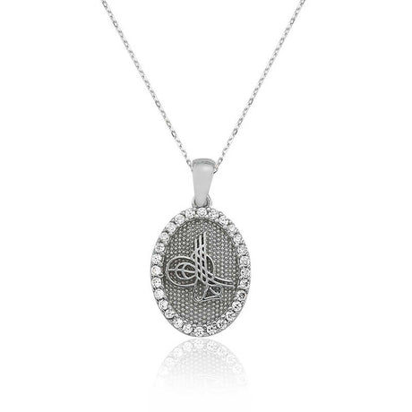 Sterling Silver Tugra Pendant Necklace - Zirconia Oval Design