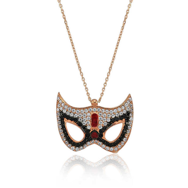 Mask Necklace - Rose Gold-Tone with Sparkling Clear, Black & Red Stones