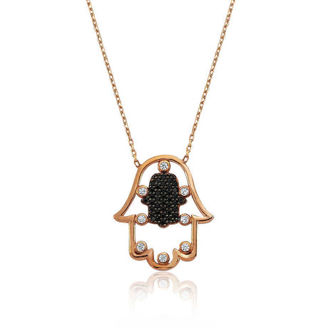 Necklace - Rose Gold Plated Hamsa Hand with Black & White Zircon