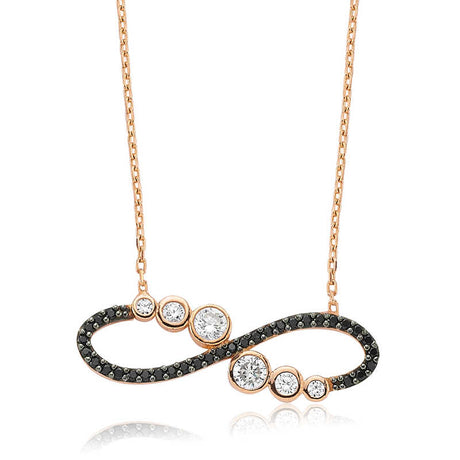 Rose Gold Tone Infinity Necklace - Sparkling Black & White Zirconia