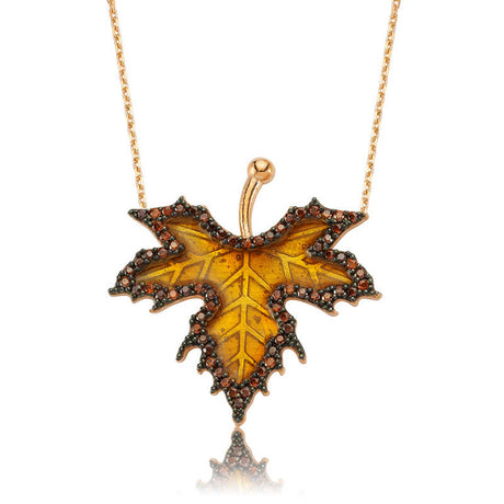 Necklace - Rose Gold Tone Autumn Maple Leaf Sparkling Gemstone Pendant