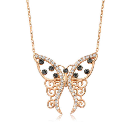 Elegant Butterfly Necklace - Rose Gold Tone with White & Black Zirconia