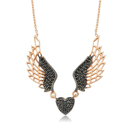 Sterling Silver - Rose Gold Plated Winged Heart Necklace with Black Zirconia