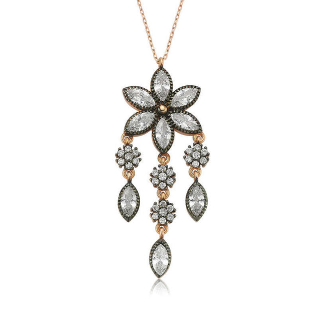 Rose Gold-Tone Floral Dangle Necklace - Sparkling Clear Stones