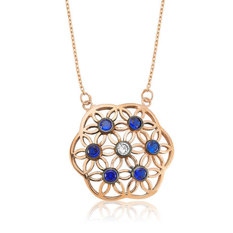 Necklace - Rose Gold Tone Flower of Life with Blue & White Gemstones