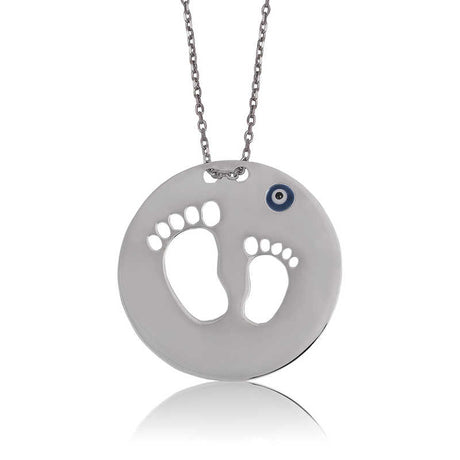 Silver-Tone Mother Child Footprint Necklace with Evil Eye Charm