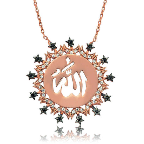 Rose Gold Tone Allah Calligraphy Necklace - Star Embellished Design