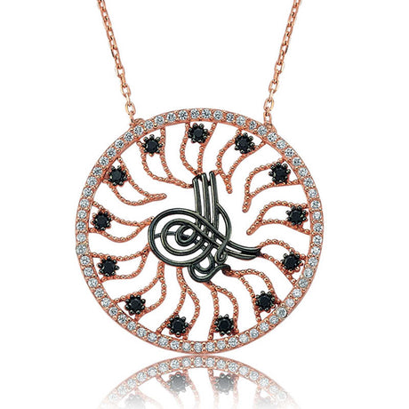 Rose Gold-Tone Sterling Silver Ottoman Tughra Zirconia Necklace