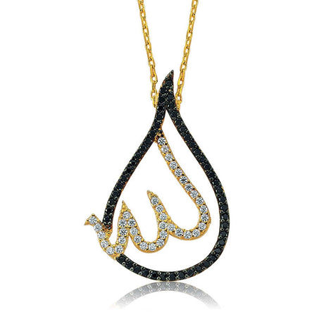 Sterling Silver Allah Calligraphy Pendant Necklace - Gold Tone & Black Zirconia