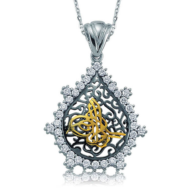 Sterling Silver Ottoman Tughra Teardrop Necklace with Zirconia