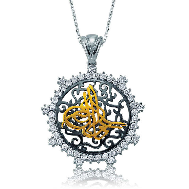 Sterling Silver Zirconia Tughra Necklace - Filigree Design