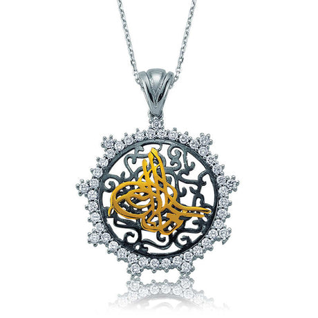 Sterling Silver Gold-Tone Tughra Pendant Necklace with Cubic Zirconia