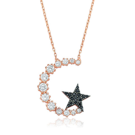 Necklace - Rose Gold-Tone Zirconia Crescent Moon & Star Pendant