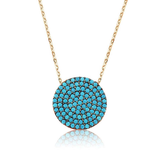 Necklace - Rose Gold Plated Sterling Silver Turquoise Pave Disc