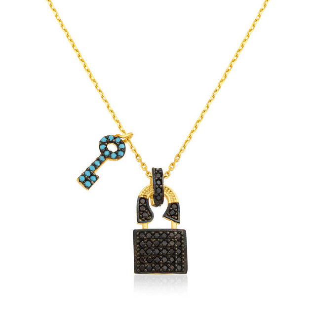 Gold-Tone Key and Lock Necklace - Black Zircon & Turquoise Pendant