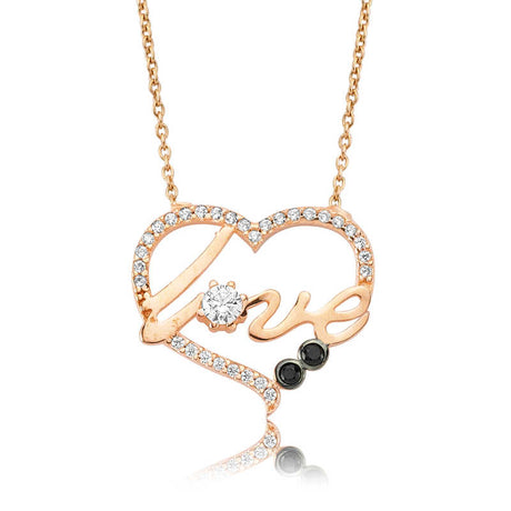 Necklace - Rose Gold Tone Heart Love Script with Sparkling & Black Stones