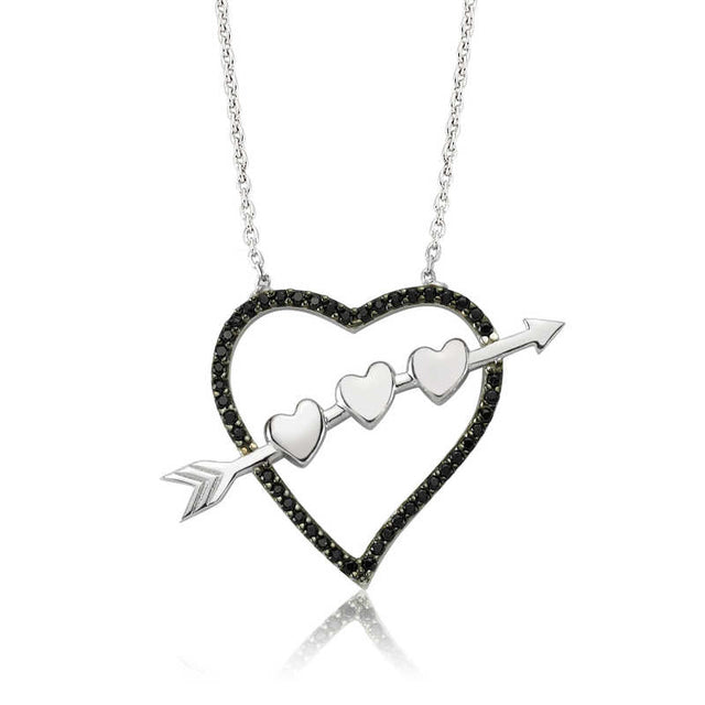 Necklace - Sterling Silver Black Gemstone Heart & Arrow