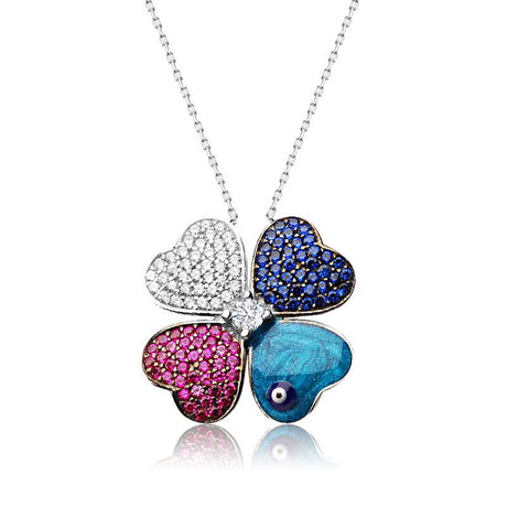 Sterling Silver Lucky Clover Heart Necklace with Evil Eye Gemstones
