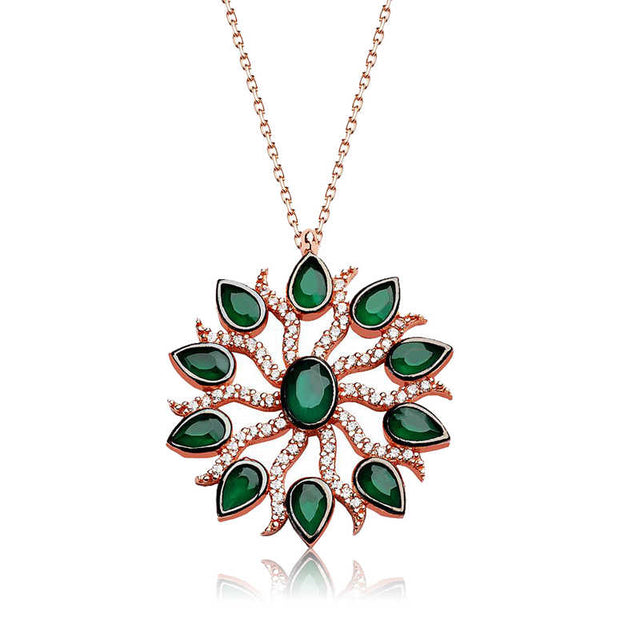 Sterling Silver Rose Gold Plated Green Gemstone Sunburst Necklace