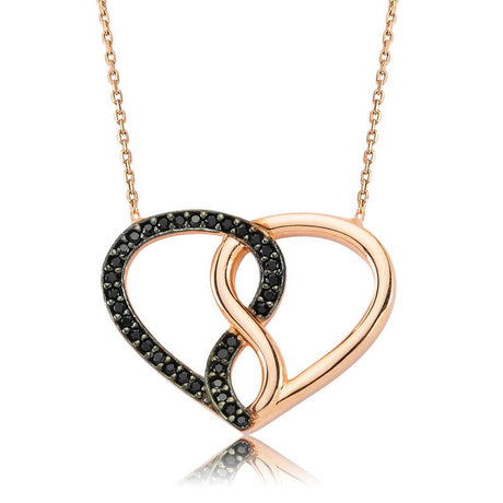Rose Gold Plated Necklace - Intertwined Heart Infinity with Black Stones