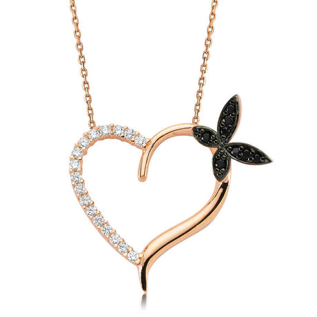 Rose Gold Tone Heart & Butterfly Zirconia Necklace - Elegant Dainty Design