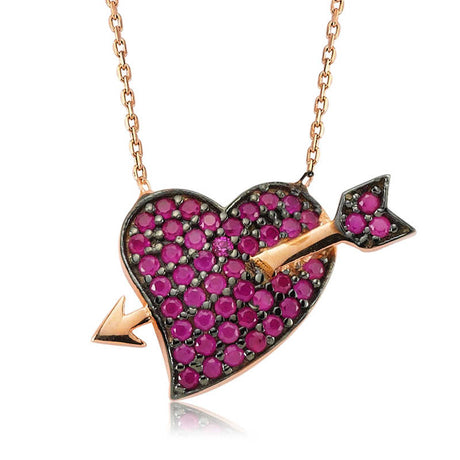 Rose Gold Tone Pink Stone Heart & Arrow Necklace - Paved Cupid Charm