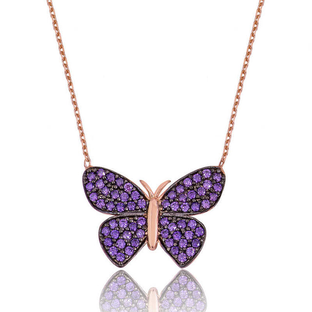 Rose Gold Tone Butterfly Necklace - Sparkling Purple Zircon Pavé Design